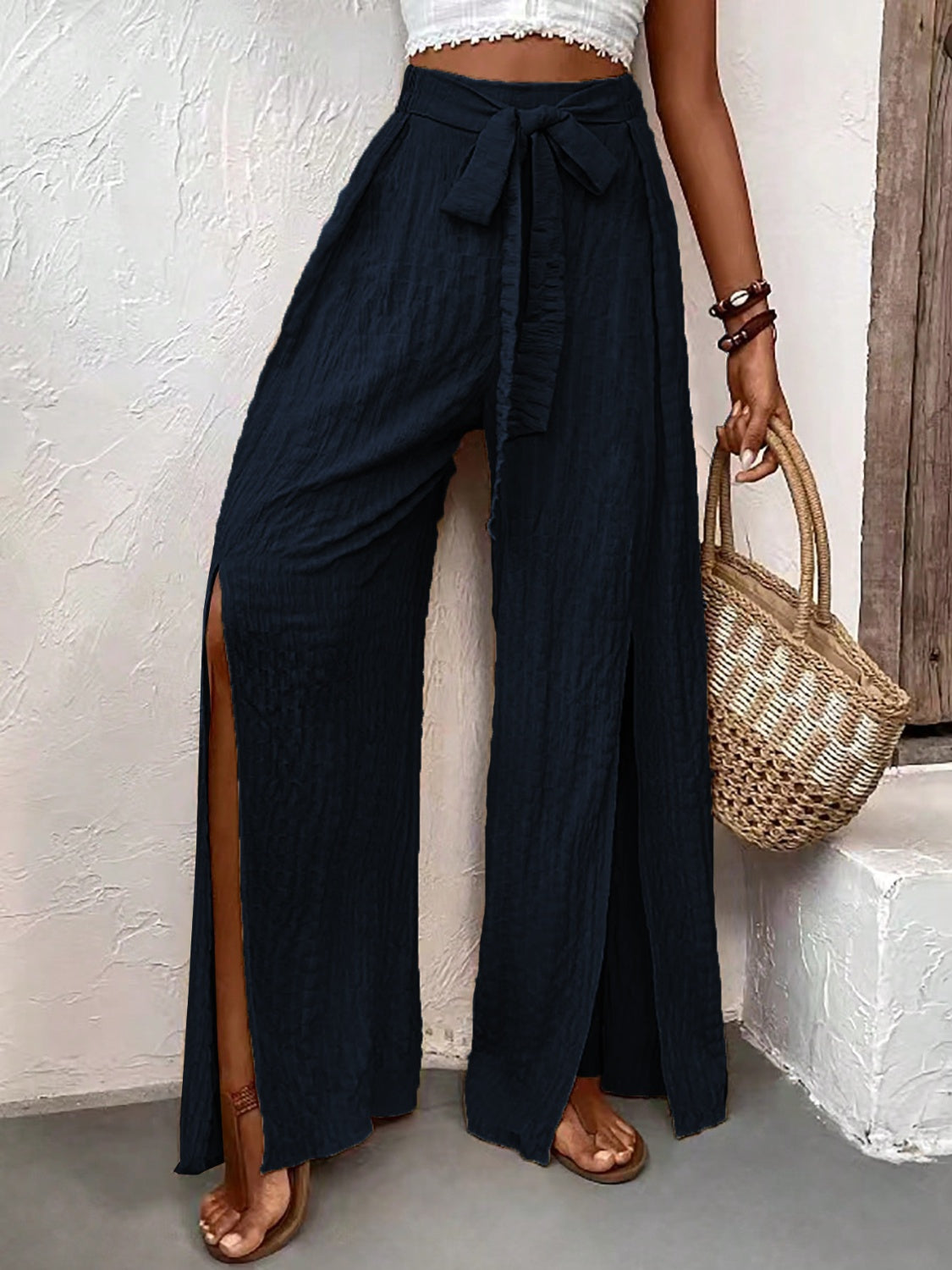 Our Best Polyester Blend Crinkle Fabric Sash Tie Slit Detail Wide Flare Palazzo Pants (Multicolor)