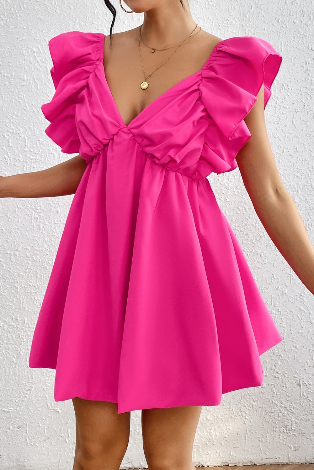 Our Best 100% Polyamide Opaque Ruffled V-Neck Cap Sleeve Mini Dress (Variants)