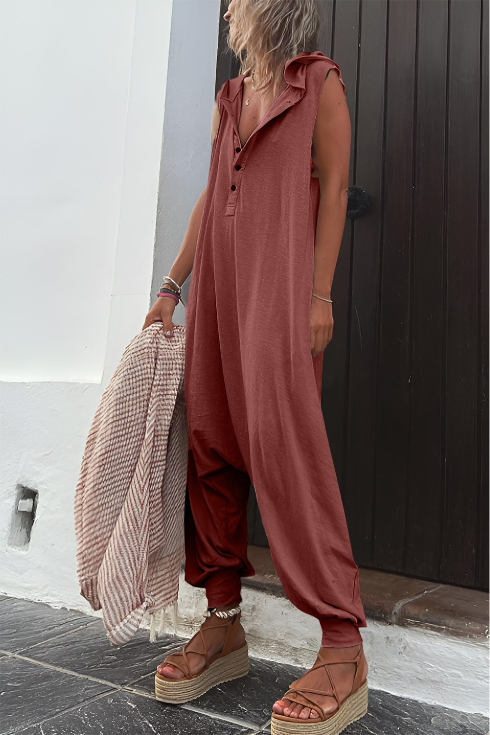 Full Size Half Button Sleeveless Jumpsuit