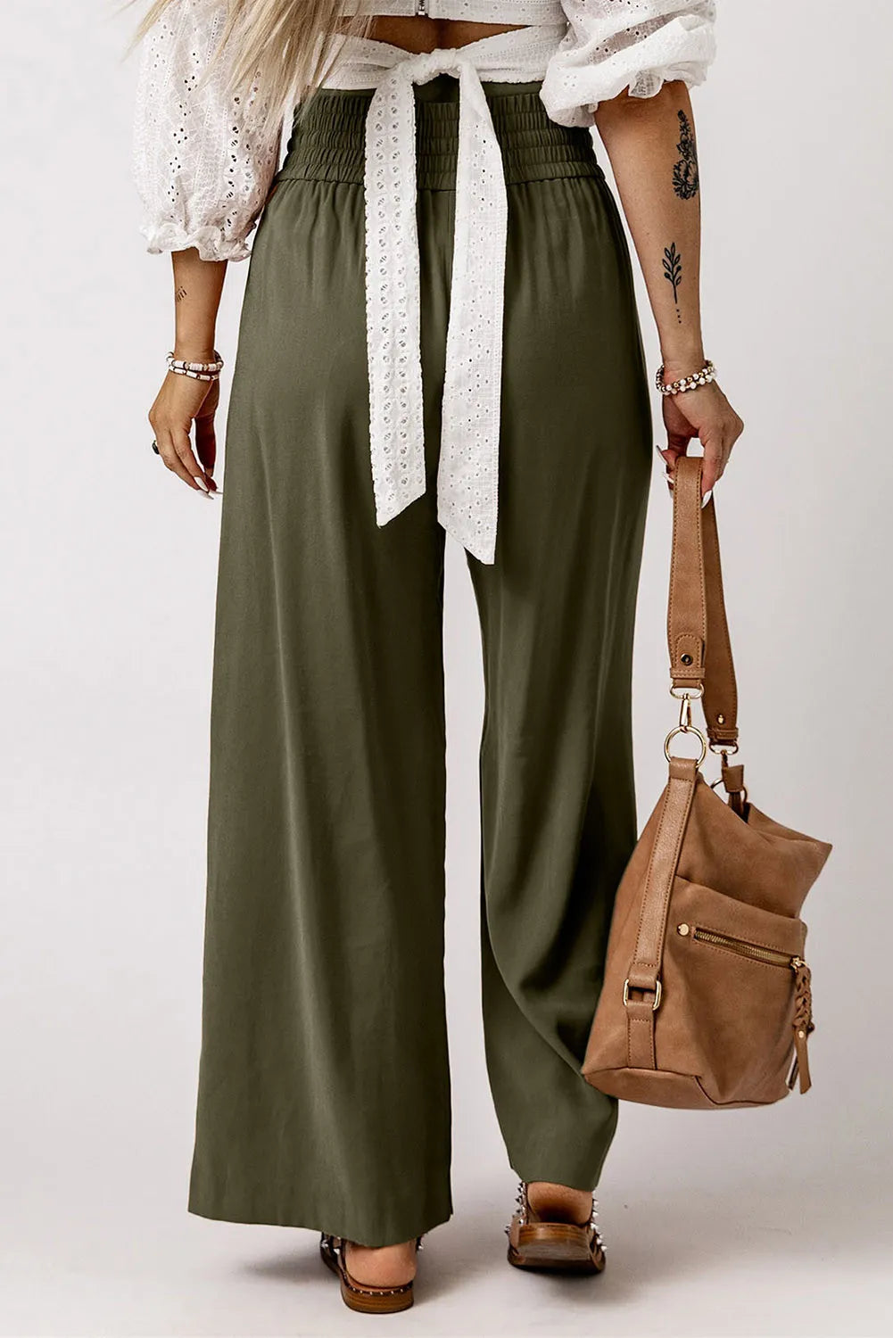 Our Best Polyester Blend Smocked High Waist Wide Waistband Drawstring Detail Palazzo Pants (Army Green)