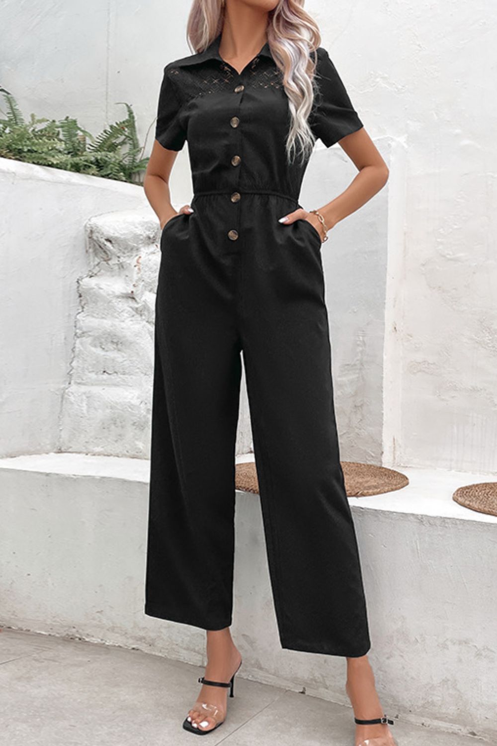 Perfee Collared Neck Short Sleeve Jumpsuit