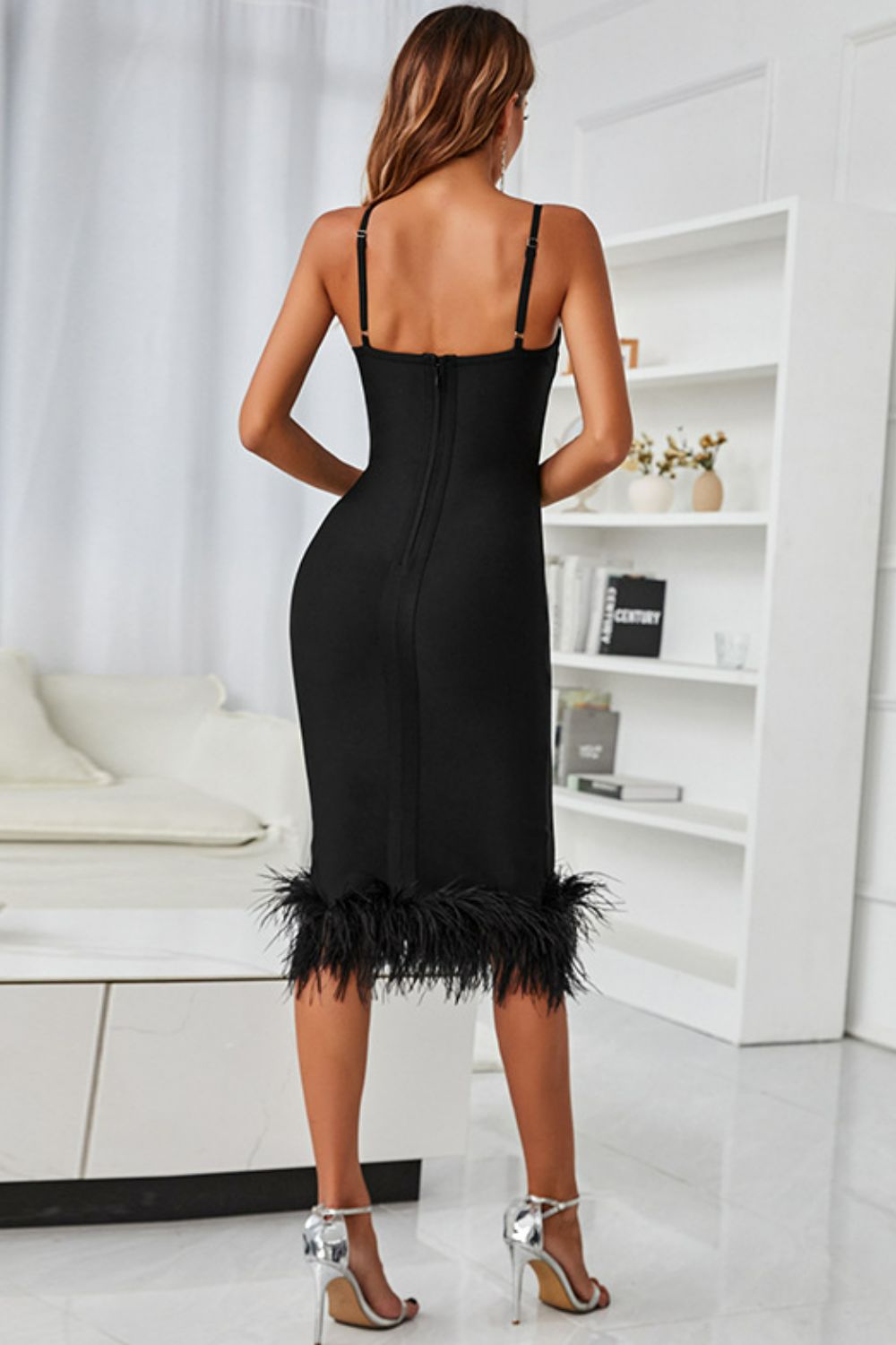 Our Best Polyester/Spandex Deep-V Sleeveless Feather Trim Formal Bodycon Dress (Black)