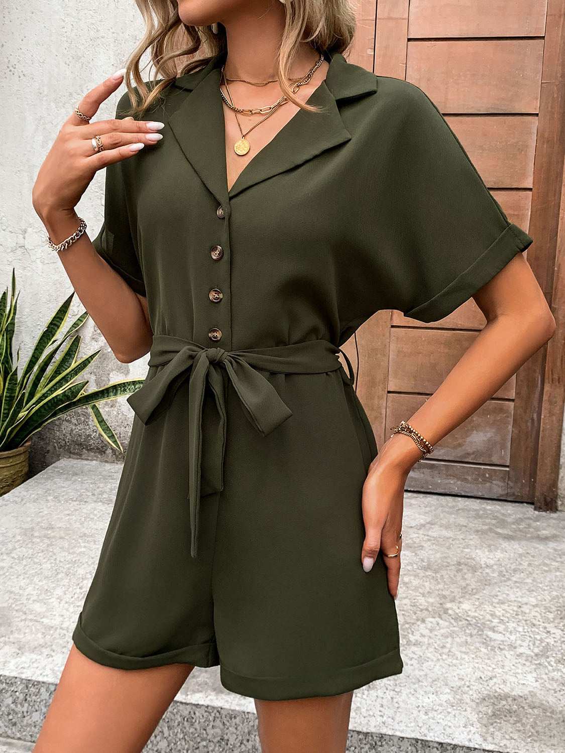 Perfee Half Button Tie Waist Short Sleeve Romper