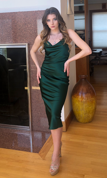 Aspen Midi Satin Cocktail Party Slip Dress (Emerald Green)