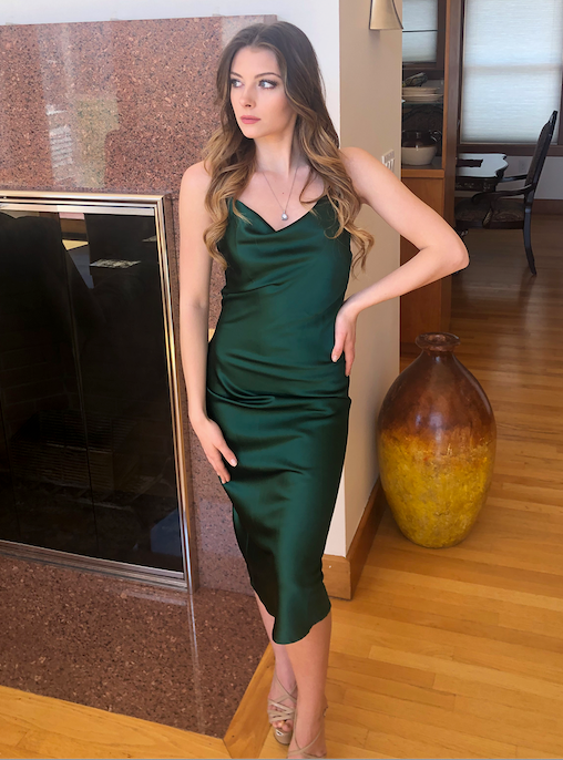 Aspen Midi Satin Cocktail Party Slip Dress (Emerald Green)