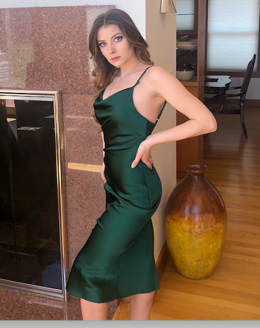 Aspen Midi Satin Cocktail Party Slip Dress (Emerald Green)