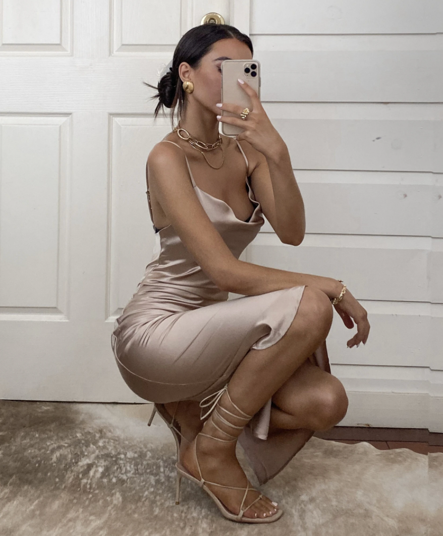 Aspen Cocktail Party Adjustable Midi Dress (Champagne Satin)