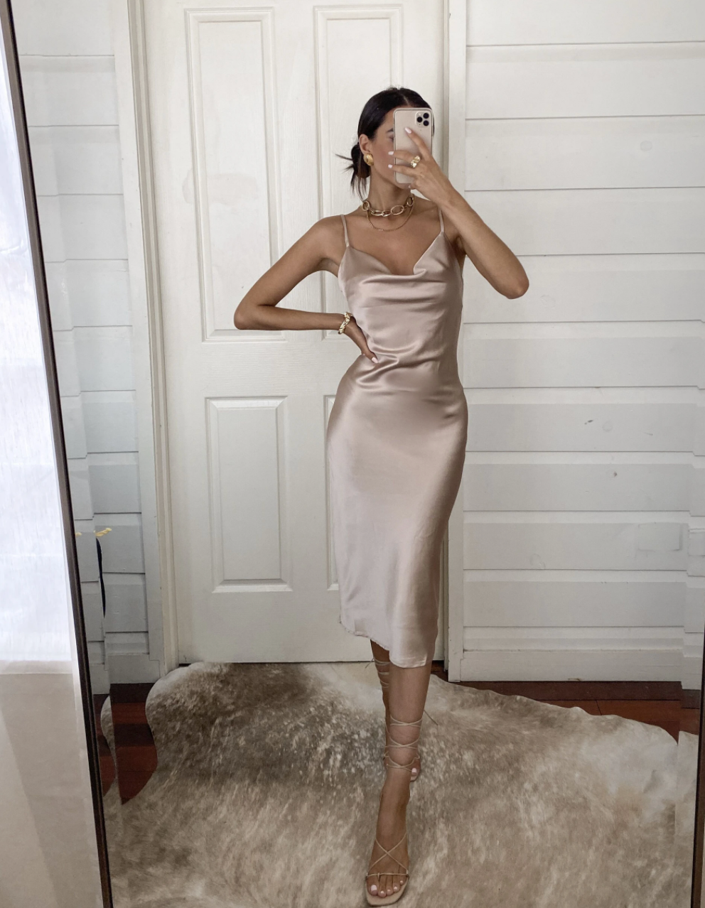 Aspen Cocktail Party Adjustable Midi Dress (Champagne Satin)