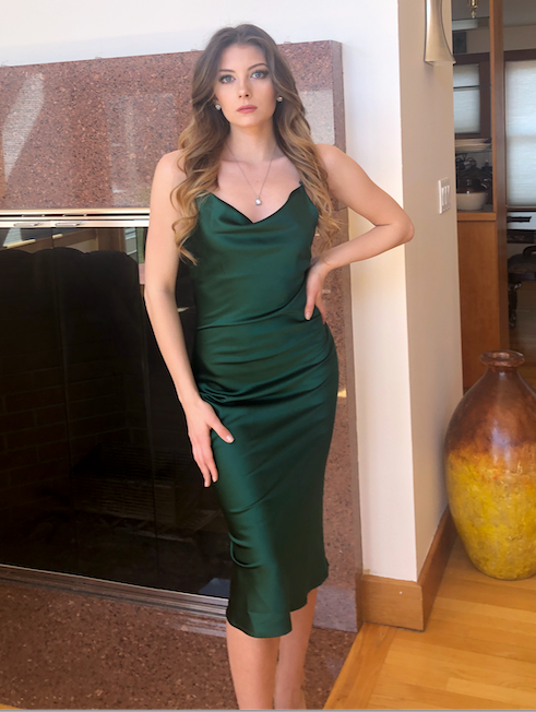 Aspen Midi Satin Cocktail Party Slip Dress (Emerald Green)