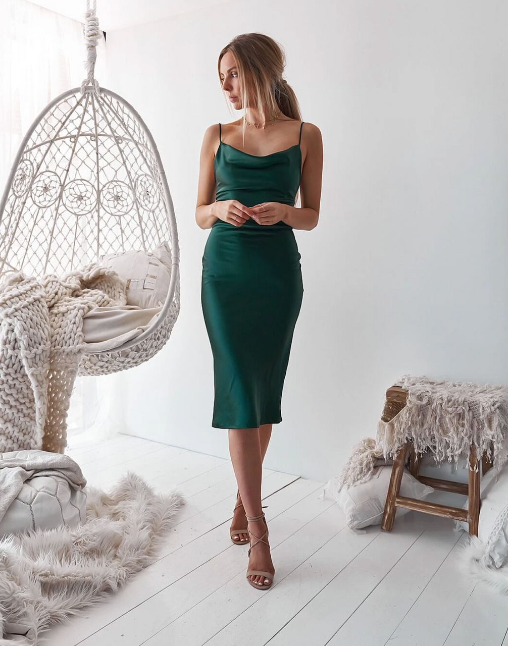 Aspen Midi Satin Cocktail Party Slip Dress (Emerald Green)