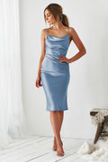 The Aspen Cowl Neck Backless Midi Dress (Dusty Blue Satin)