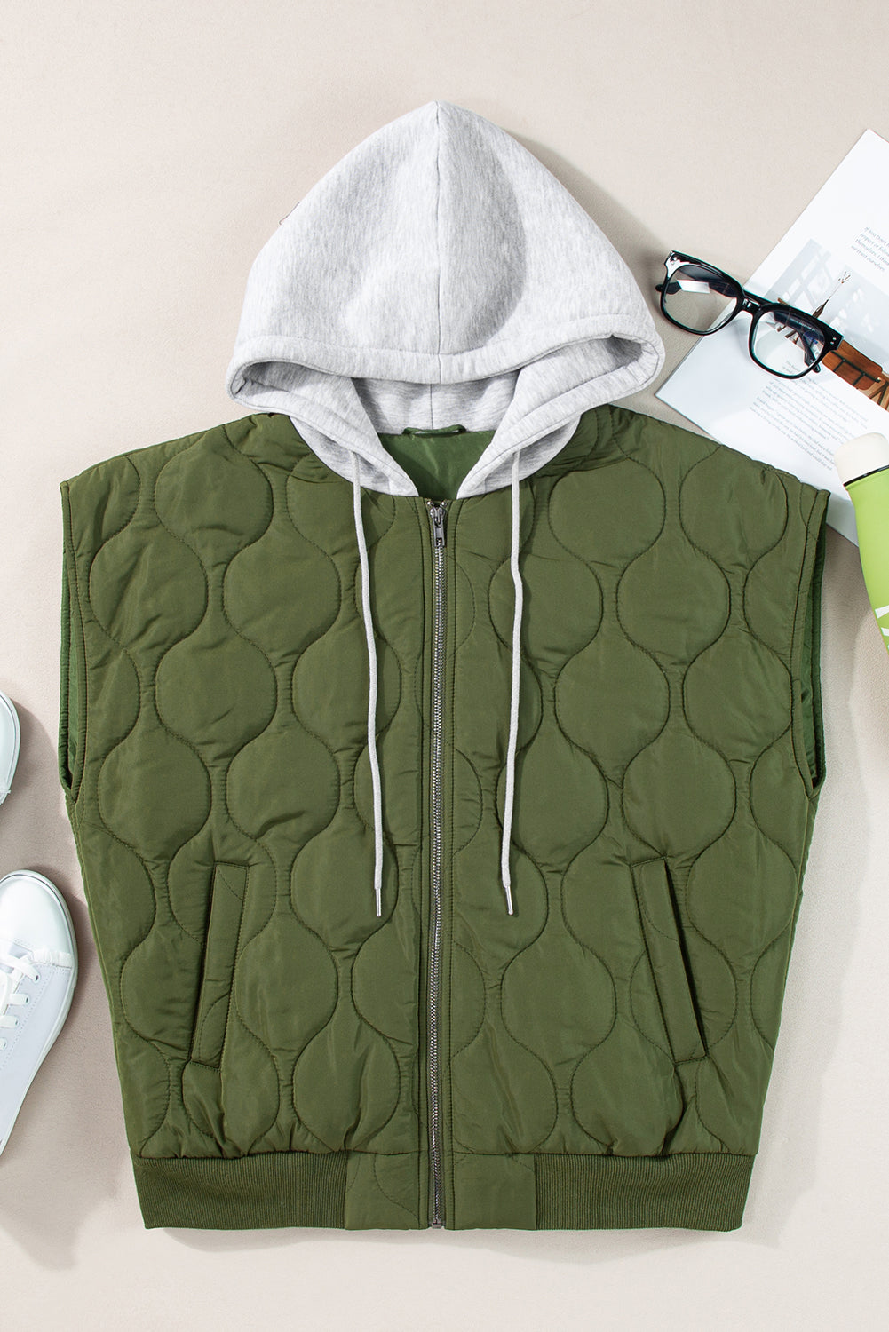 Our Best 100% Polyester Deluxe Quilted Drawstring Zip-Up Hooded Vest Coat (Moss/Black)