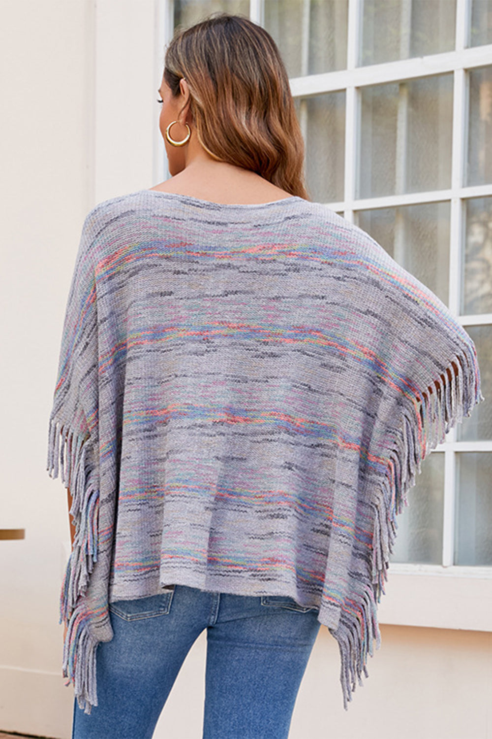 Monah Paloma 100% Polyester Pretty-n-Plush Round Neck Fringe Detail Cloak Sleeve Poncho (Multicolor)