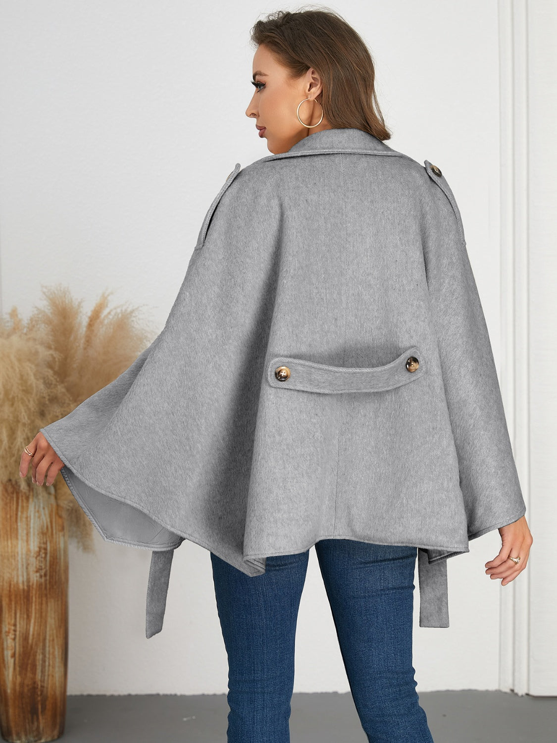 Monah Paloma 100% Polyester Pretty-n-Plush Double-Breasted Sash Tie Button Detail Poncho (Grey/Tan)