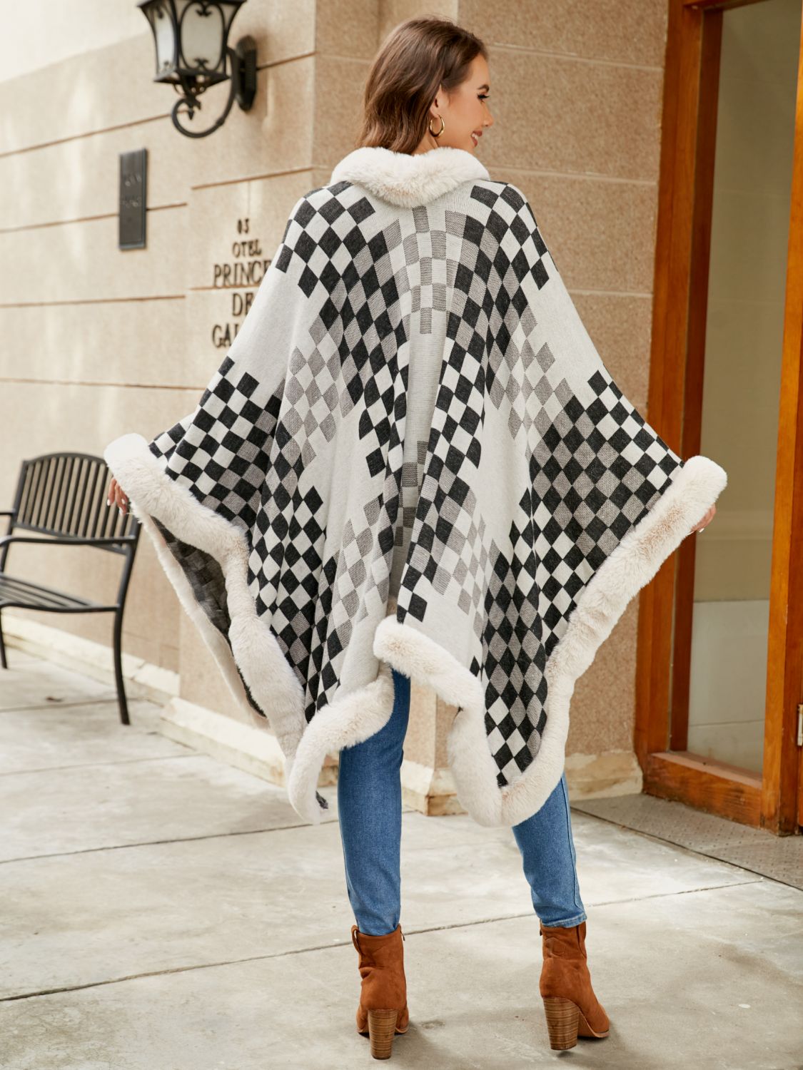 Monah Paloma 100% Polyester Pretty-n-Plush Checkered Faux Fur Trim Poncho (Multicolor)