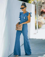 Women's Slim Fit round Ne Jumpsuit Casual  Color High Waist Long Pants Commute Sle Polyester Denim Fabric Summer