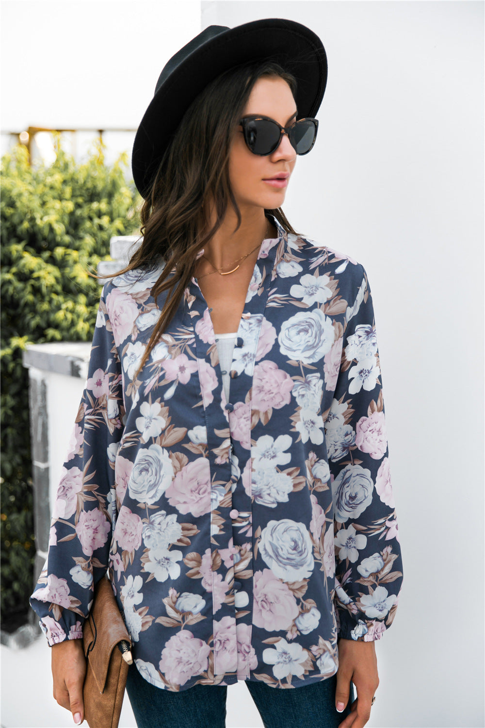 Fun-n-Flirty Polyester/Spandex Blend Floral Graphics Mock Neck Button Front Sash Tie Long Sleeve Shirt (Floral)