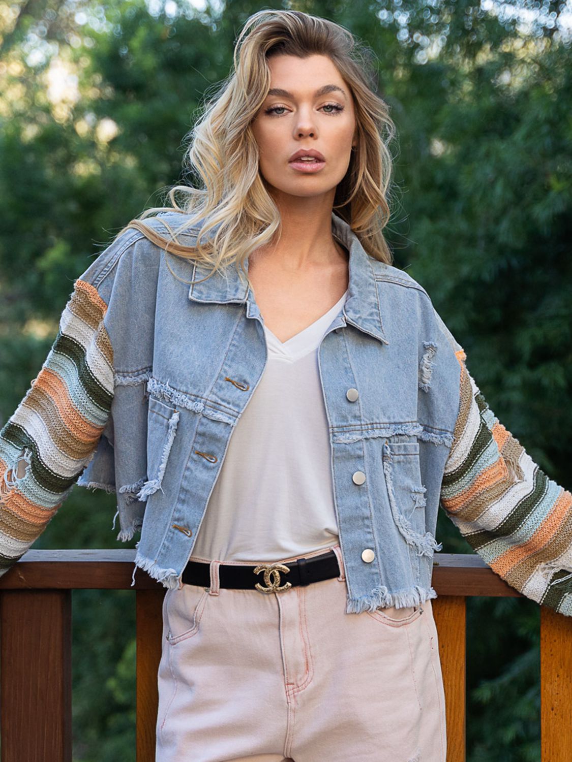 The Darla Cotton Blend Distressed Colorblock Stripe Long Baggy Sleeve Denim Jacket (White/Light)