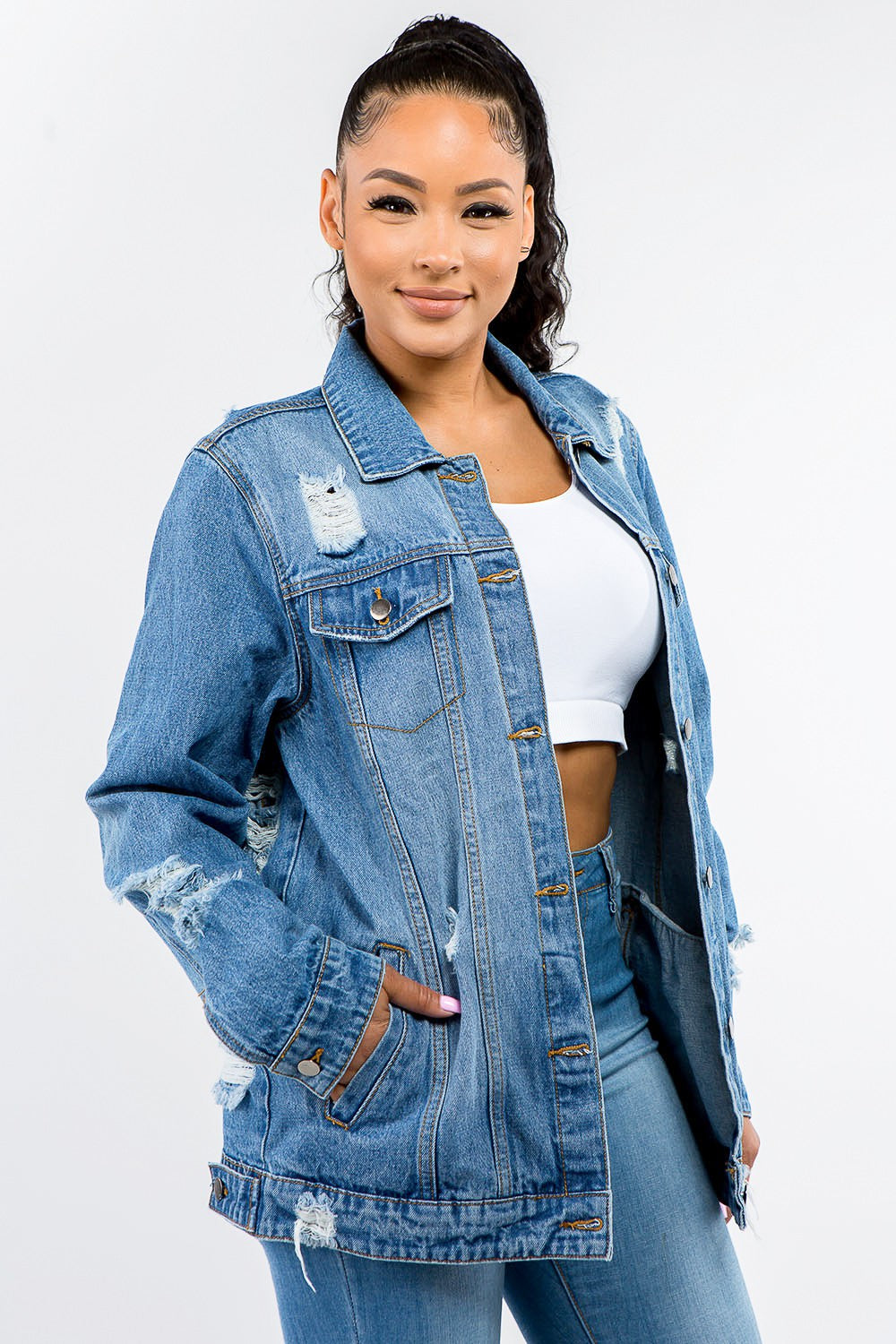 American Bazi Cotton Blend Button-Up Distressed Denim Midi Jacket (Blue)