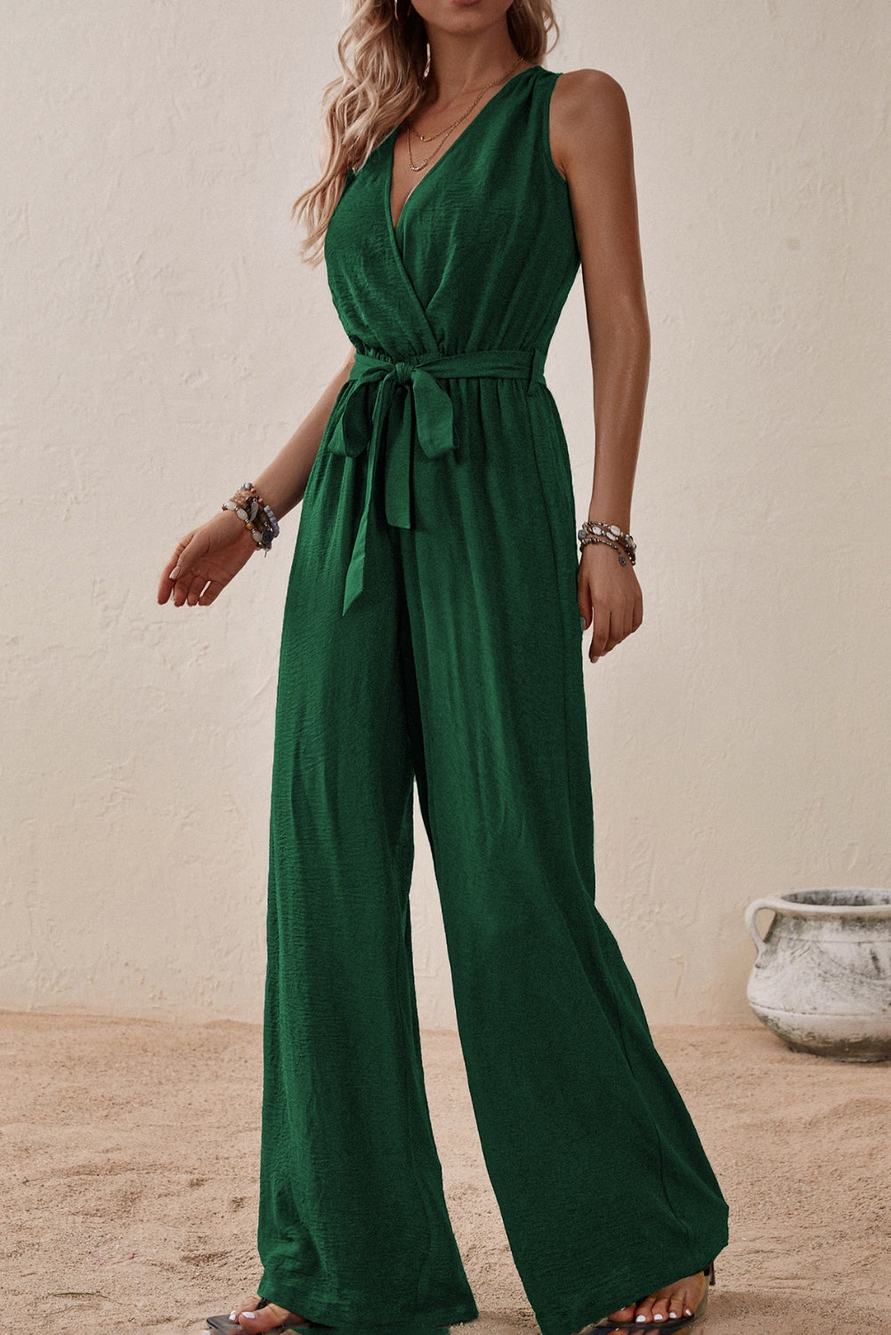 Our Best 100% Polyester Deep-V Sash Tie Belt Loop Detail Surplice Sleeveless Wide Flare Jumpsuit (Multicolor)