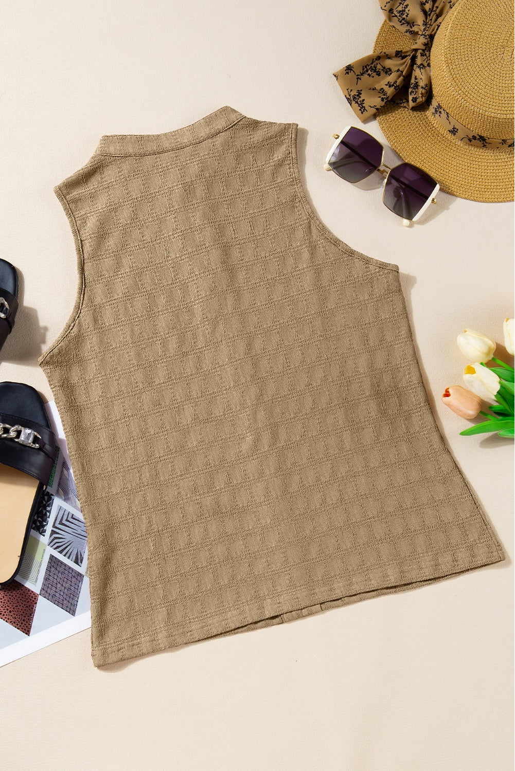 Our Best Polyester Blend Exotic Solid Color Print Sleeveless Textured Notched Detail Tank (Khaki)