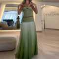 Sexy Strapless Top with Long Skirt Women's Suits Fashion Backless Pleated Club Outfit Gradient Green Hollow Slim Two Piece Sets - treasures-4-u-2-day