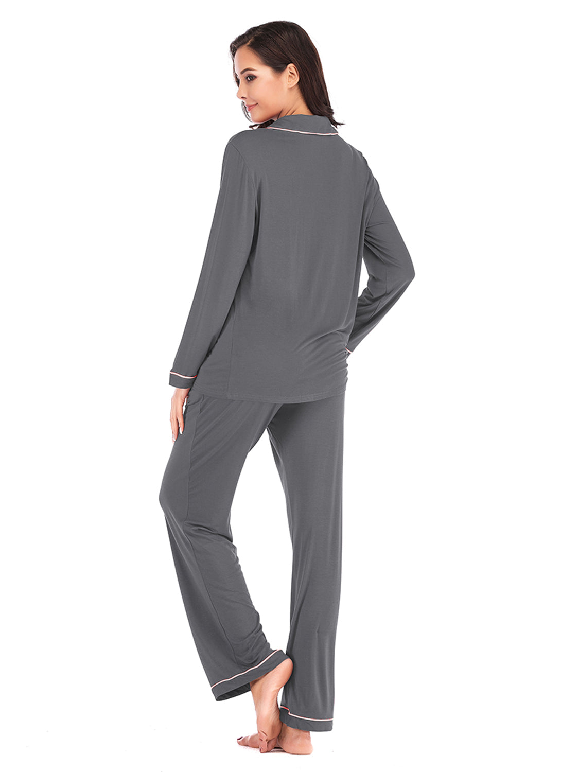 Simona Slumbertime Nylon Blend Long Sleeve Pocket and Piping Detail Loungewear Set (Multicolor)