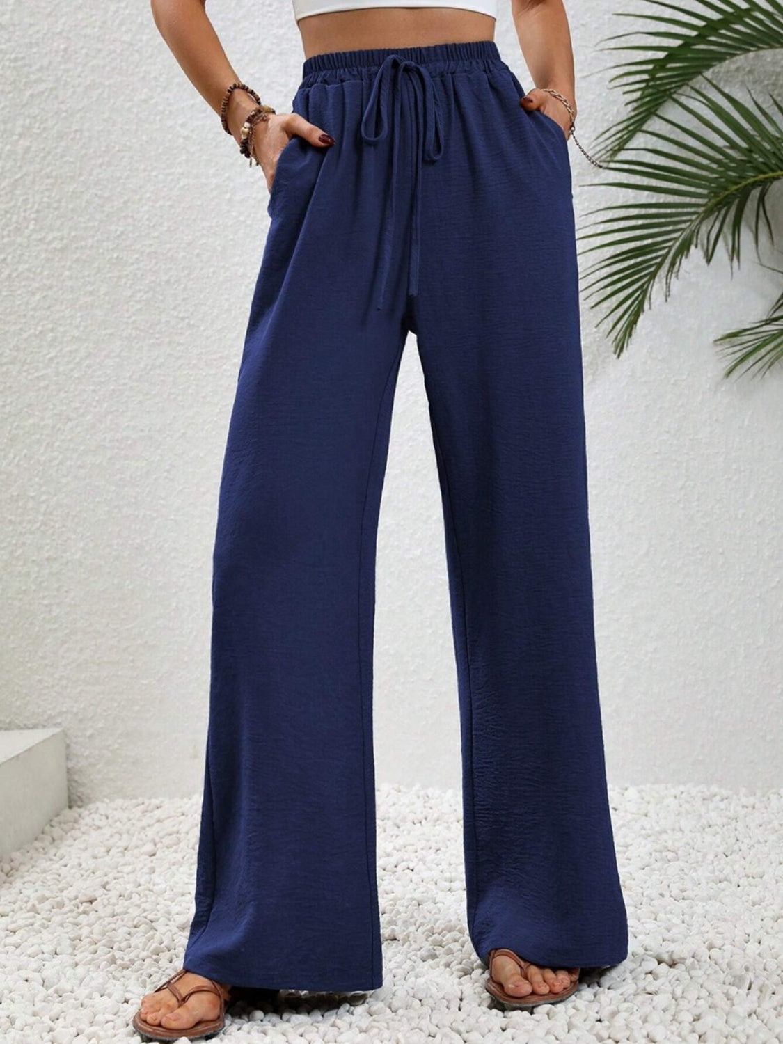 Our Best 100% Polyester Wide Leg Drawstring Waist Palazzo Pants (Multi Colors)