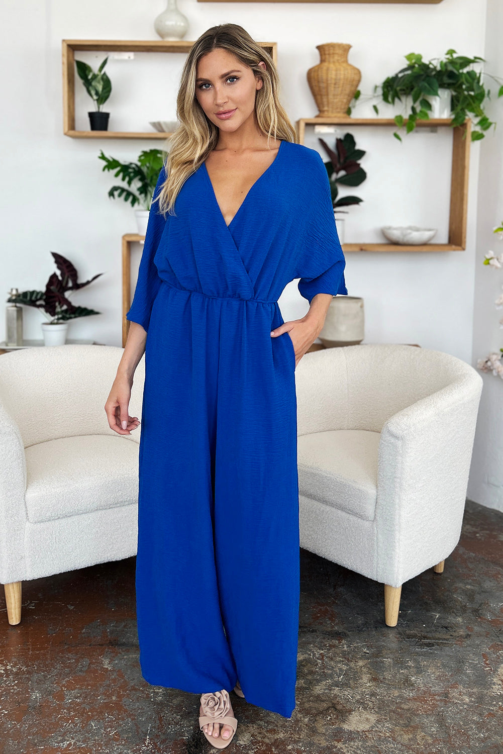 Double Take Full Size Surplice Wide Leg Jumpsuit with Pockets