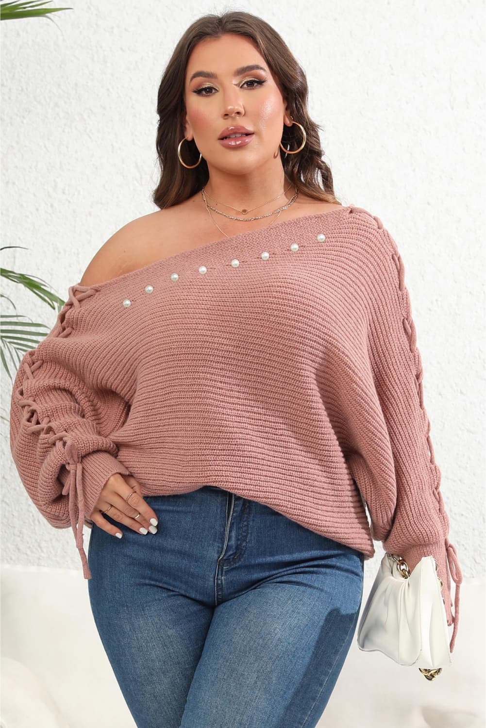 Plus Size Lovely Ladies Polyester Blend Fashion Plus Single Shoulder Beaded Sweater (Multicolor)