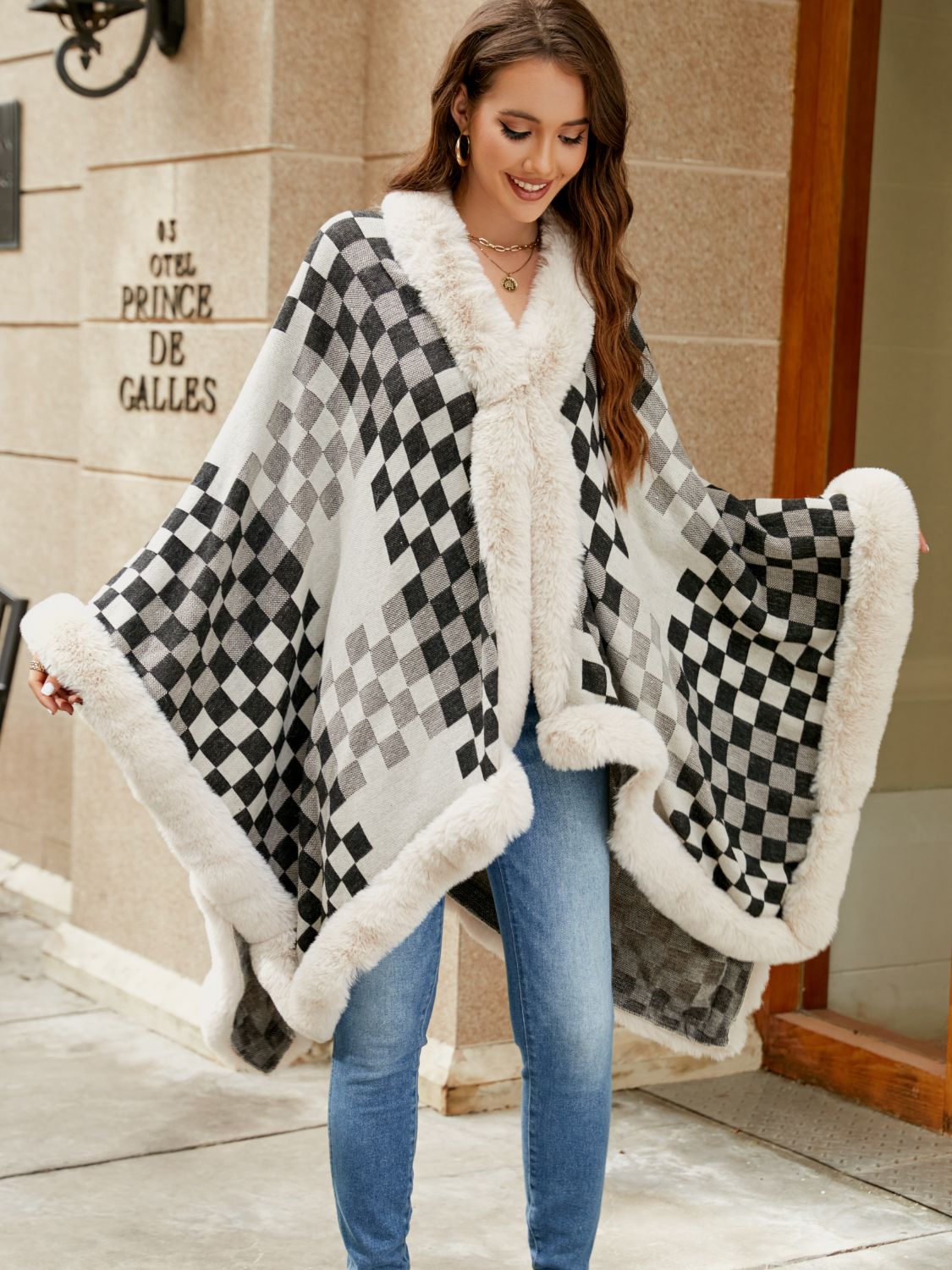 Monah Paloma 100% Polyester Pretty-n-Plush Checkered Faux Fur Trim Poncho (Multicolor)