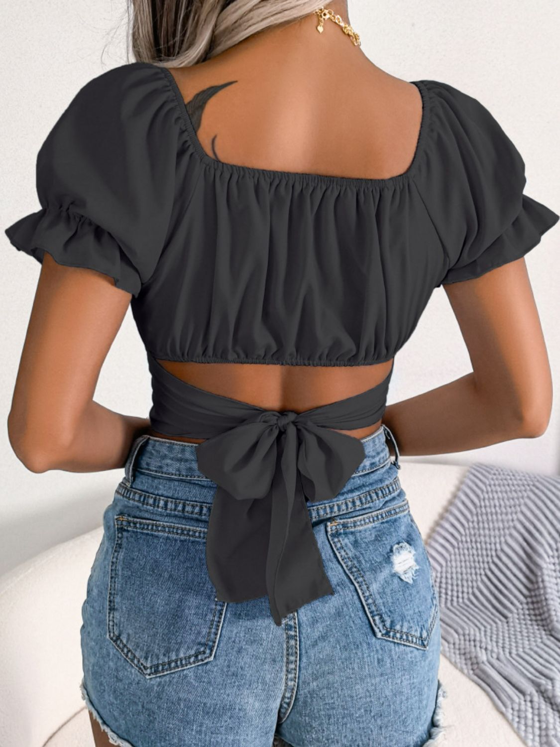 Our Best 100% Polyester Solid Color Square Neck Crisscross Flounce Puff Sleeve Cropped Top (Multicolors)