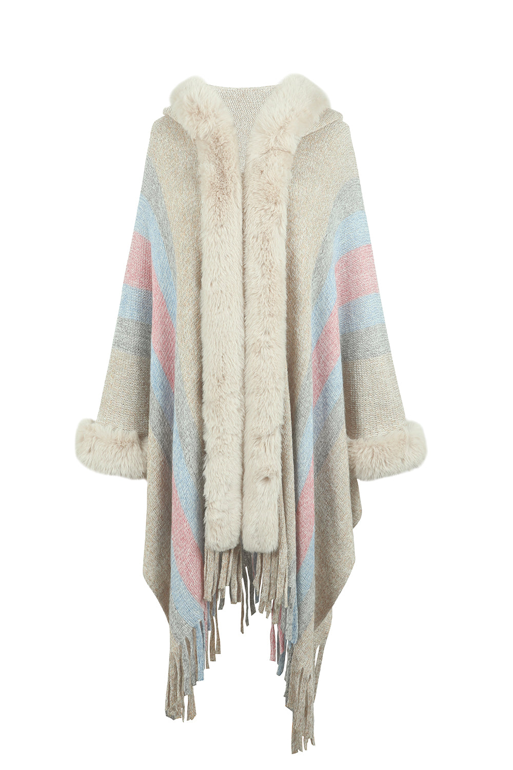 Monah Paloma 100% Polyester Pretty-n-Plush Long Line Fur Fringe Detail Poncho (Multicolor)