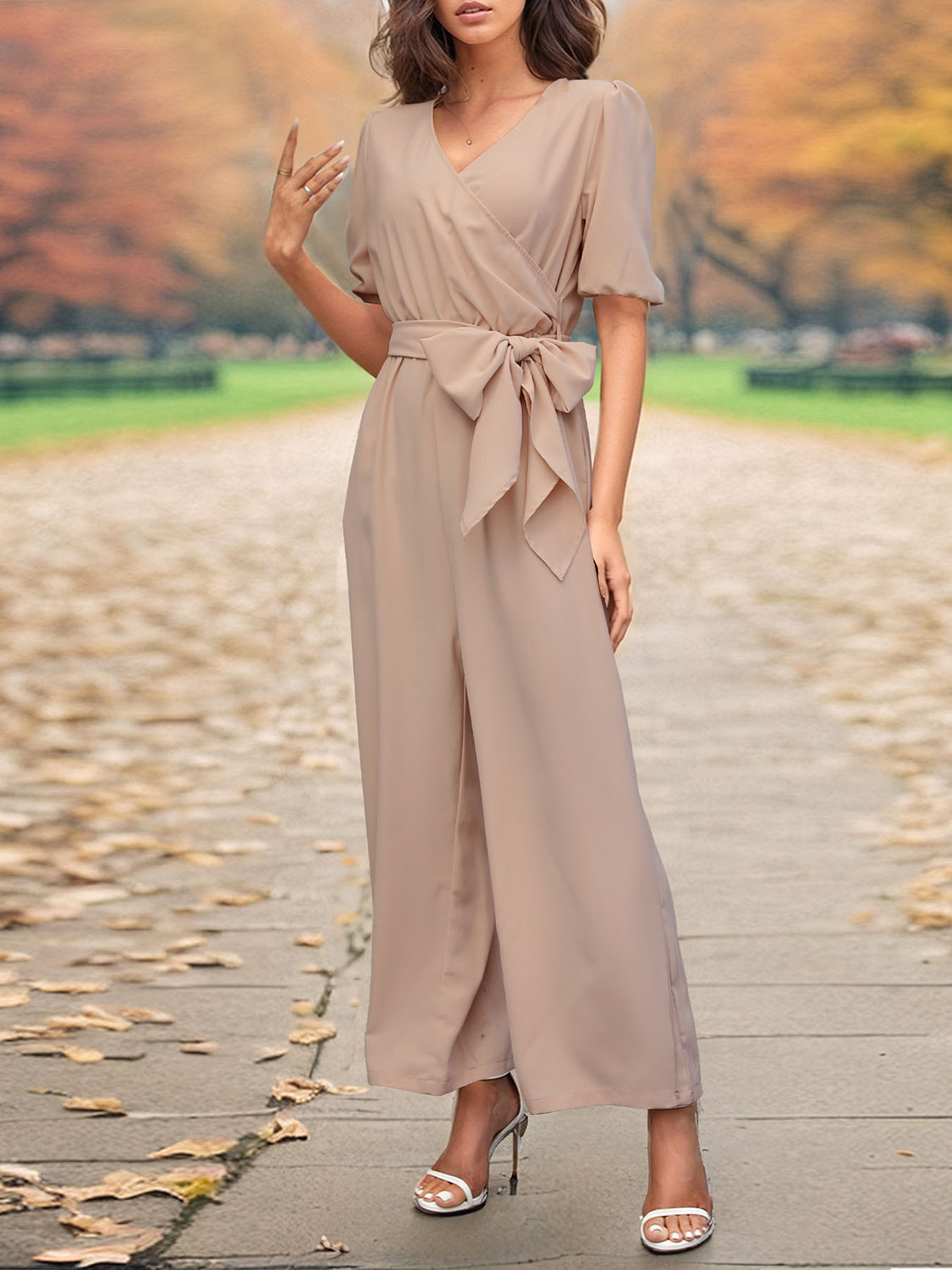 Perfee Our Best 100% Polyester Fashion Plus Pocket Detail Short Sleeve Palazzo Pant Leg Jumpsuit (Tan)