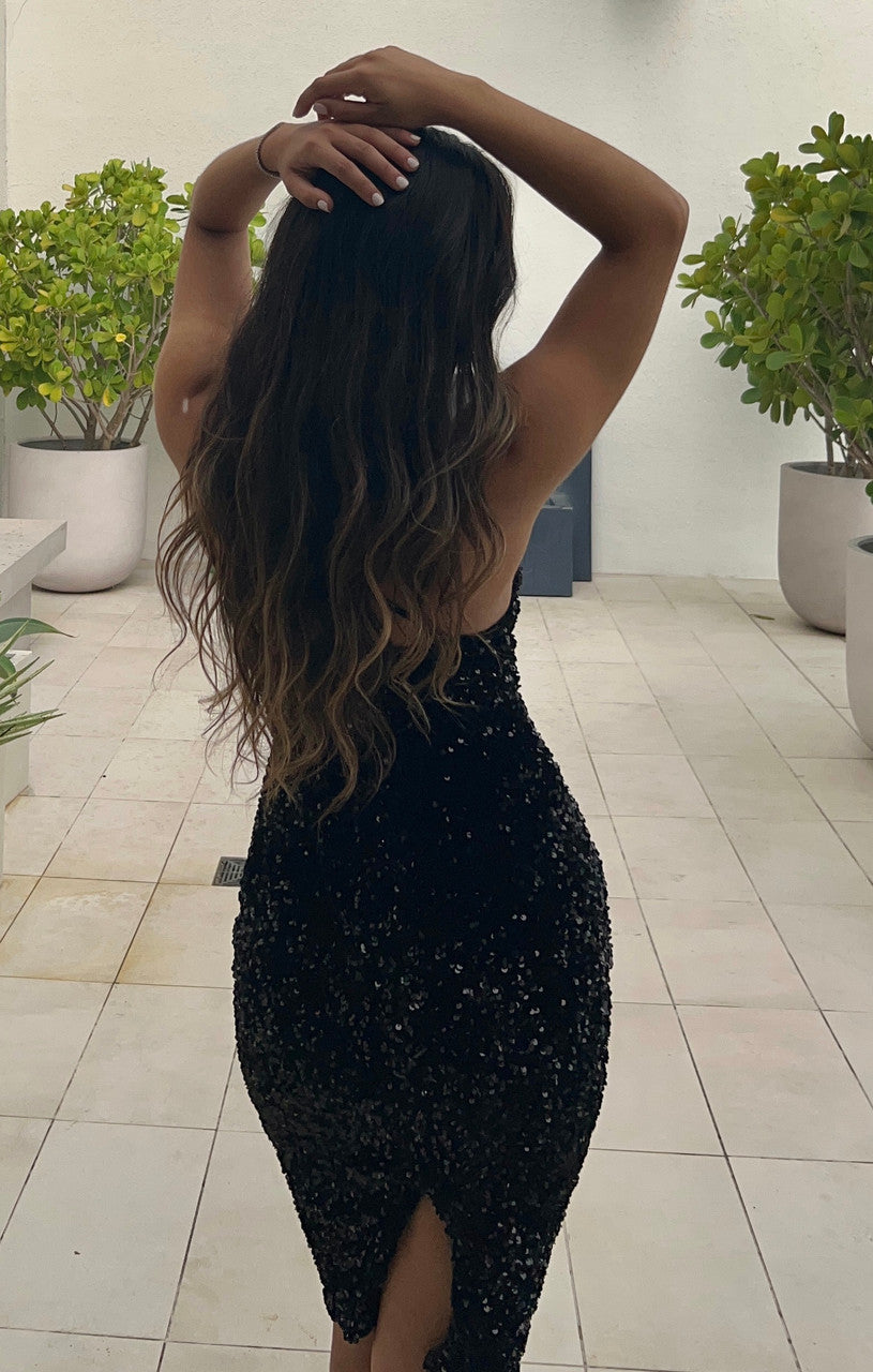 Venice Black One Shoulder Allover Sequin Midi Dress (Black)