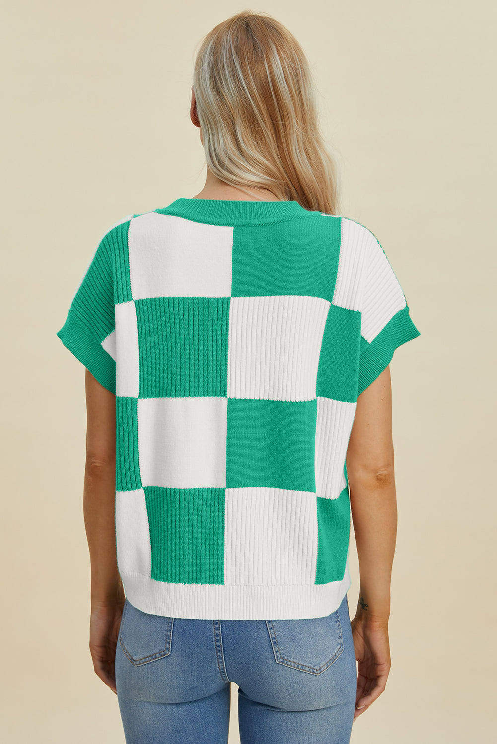 Double Take Full Size Checkered Round Neck Short Sleeve Sweater