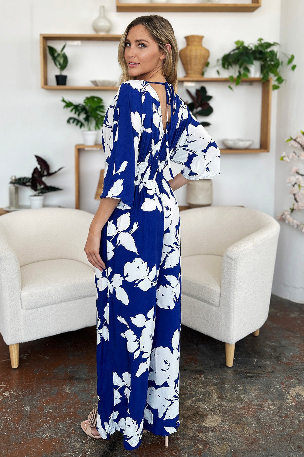 Double Take Full Size Printed Tie Back Wide Leg Jumpsuit