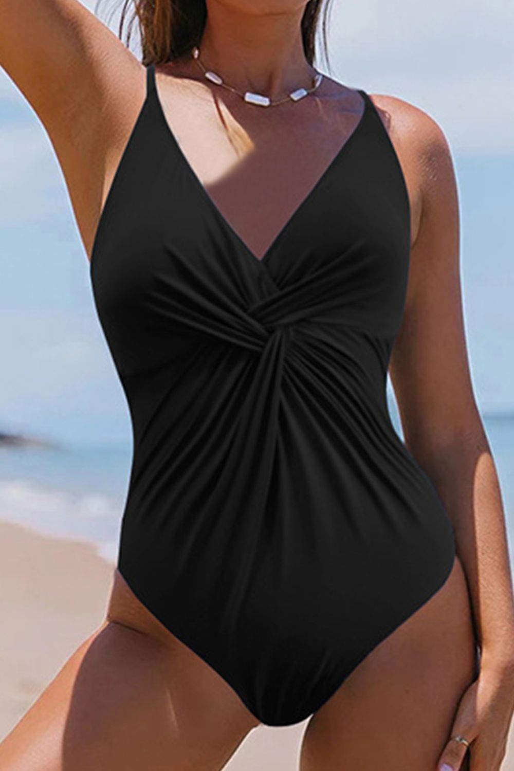 Brenda Beach Babe Nylon/Spandex Blend Twist Detail Crisscross V-Neck One-Piece Swimwear (Black)