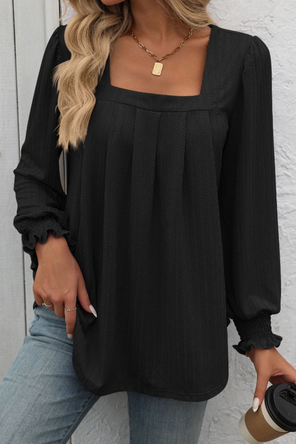 Our Best Polyester Blend Square Neck Long Pleated Puff Sleeve Elastic Ruffle Cuff Detail Top (Black/White)