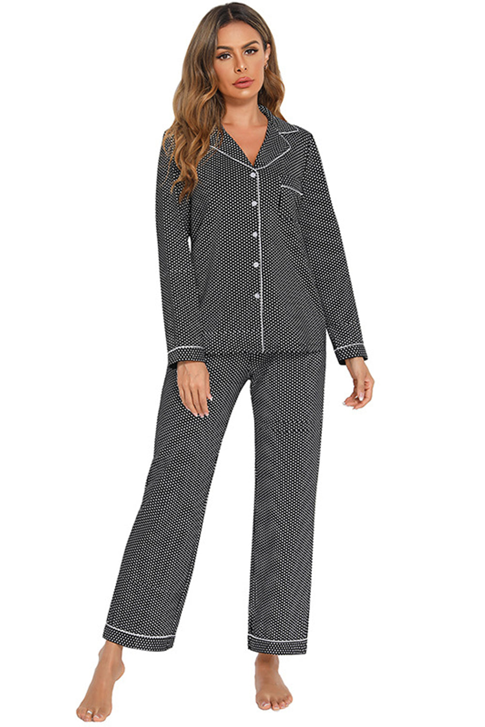 Simona Slumbertime Nylon Blend Long Sleeve Pocket and Piping Detail Loungewear Set (Multicolor)