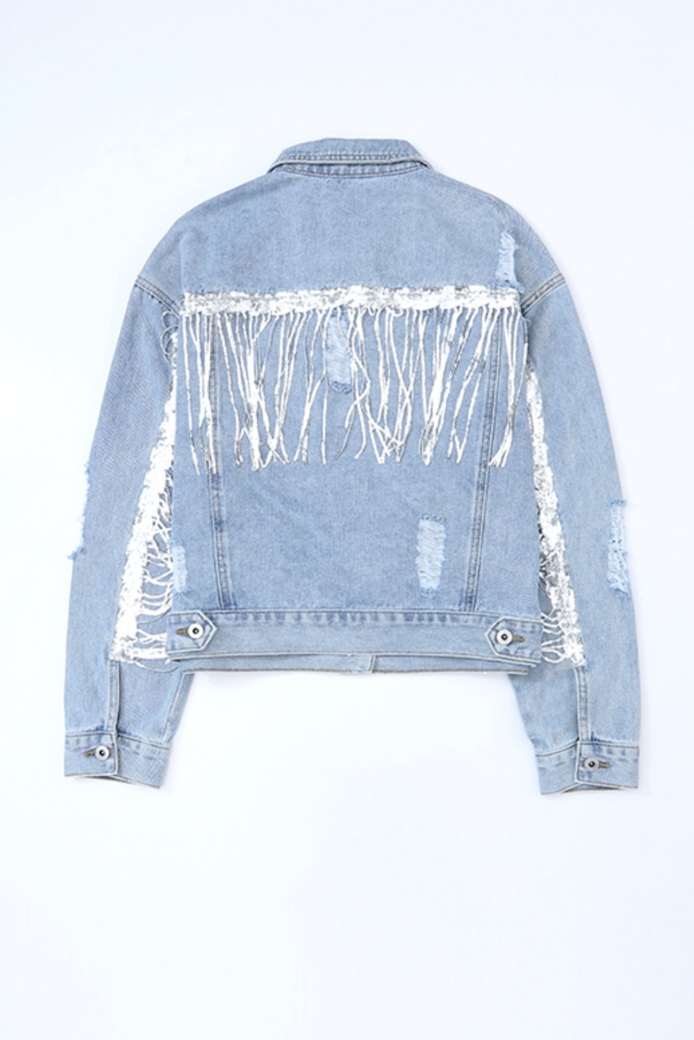 Damsel In Distressed Cotton Blend Sequin Fringe Trim Distressed Button-Up Denim Jacket (Medium Denim)