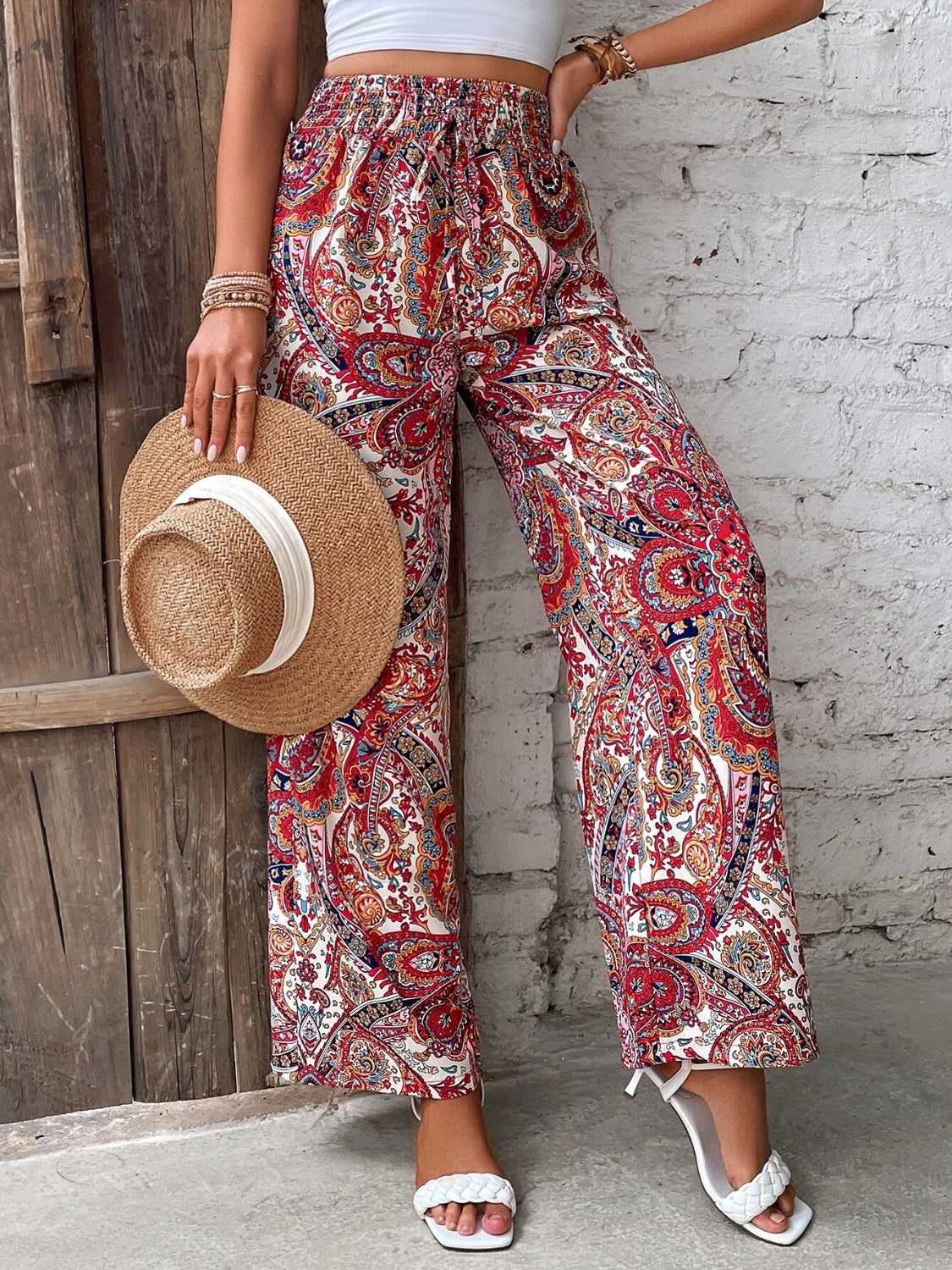 Our Best 100% Polyester Paisley Print Drawstring Waist Wide Leg Palazzo Pants (Multicolor)