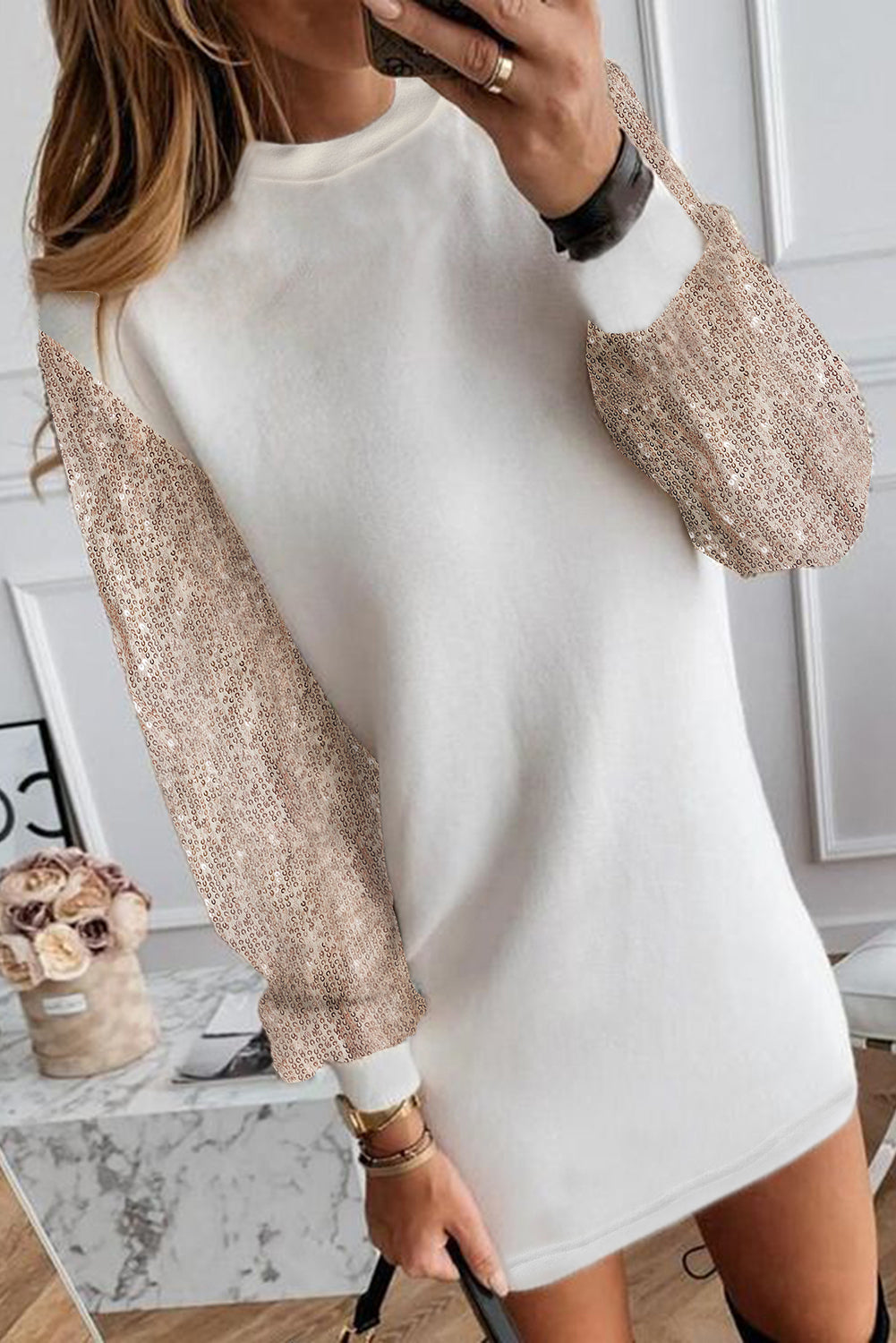 Fashion Plus Polyester/Elastane Sequin Emblazoned Long Sleeve Mini Dress (White)