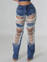 Women's Destroyed Ripped Hole Denim Pants Pearl Rhinestones Chain Distressed Slim Fit Skinny Jeans Y2K Night Club Party Jeans