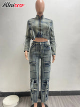Mlaiscsr Vintage Stretch Denim 2 Piece Pants Sets Women Zip Slim Jackets and Pocket Cargo Jeans Outfit Streetwear Winter Suits - treasures-4-u-2-day