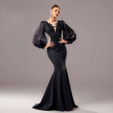Beaded Long Sleeve Round Neck Fishtail Gown