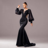 Beaded Long Sleeve Round Neck Fishtail Gown