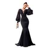 Beaded Long Sleeve Round Neck Fishtail Gown