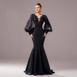 Beaded Long Sleeve Round Neck Fishtail Gown