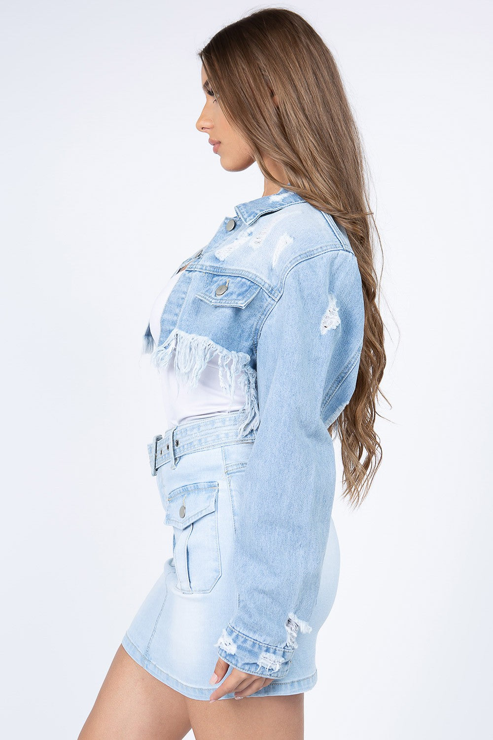 American Bazi 100% Cotton Distressed Frayed Hem Denim Crop Jacket (Light Blue)